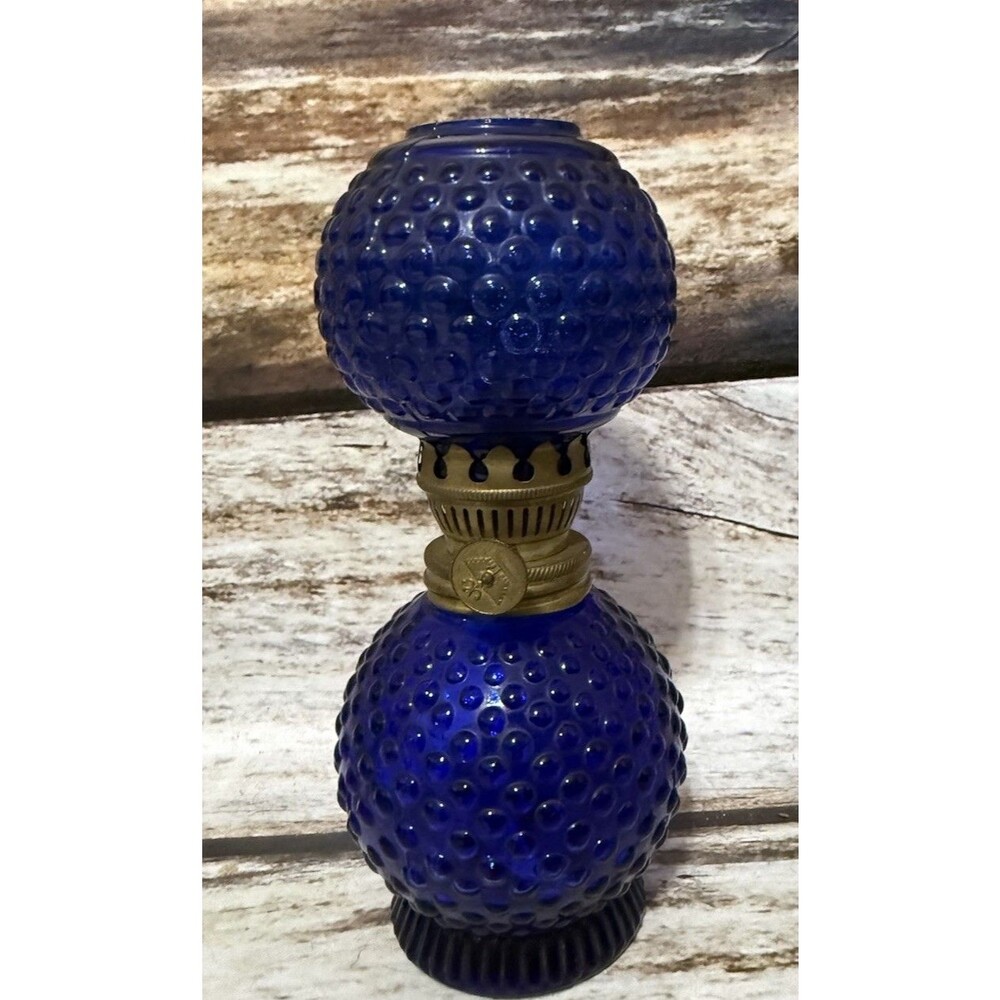 VINTAGE HOBNAIL SAPPHIRE BLUE MINITURE OIL LAMP BLUE CHIMNEY HONG KONG 6.5"
